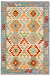 Flat Weave Kilim Antique Navaho Vintage handmade Geometric Kilim Beige Blue Hand-Woven Rectangle 100% Wool Area Rug 3x5